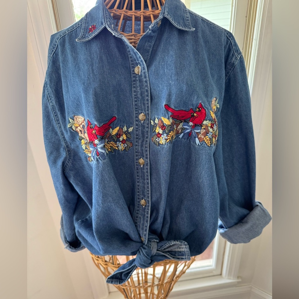 Denim Button-Down Shirt with Red Cardinal Embroidery